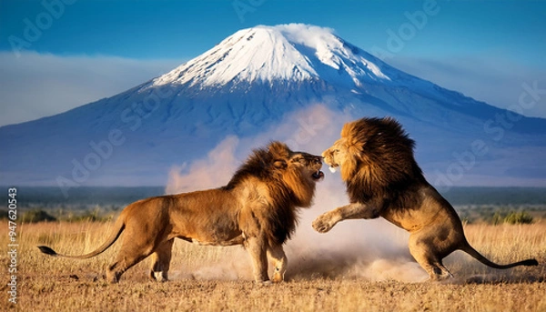 Obraz オスライオンの激しい縄張り争い～サバンナの日常の光景