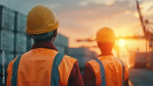 Fototapeta Cargo securing techniques by port workers with deep depth of field captured at sunset