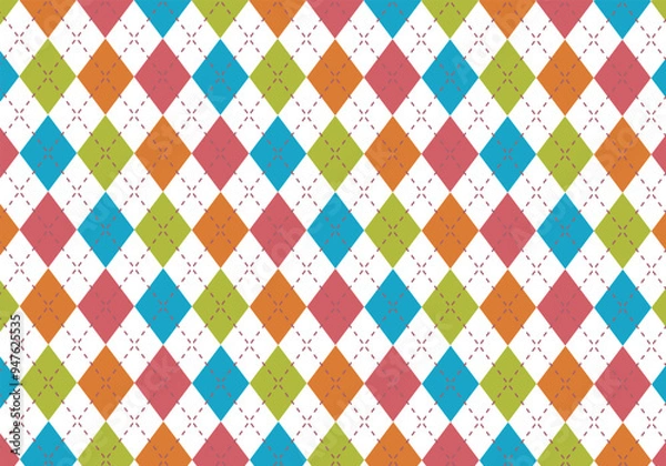 Obraz 【背景素材】アーガイルチェック柄70　白背景（水色、オレンジ、緑、赤）	