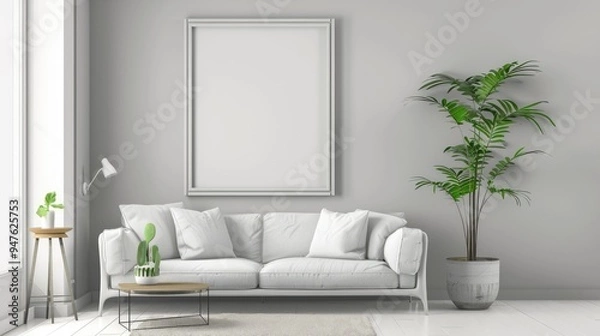 Fototapeta Minimalist living room with a blank wall frame and a single plant