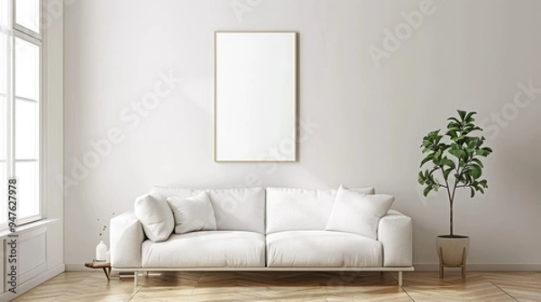 Fototapeta Minimalist living room with a blank wall frame and a single plant