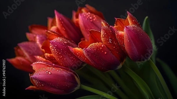 Fototapeta Freshly Cut Tulip Bouquet with Dewdrops on Vibrant Petals