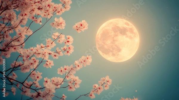 Fototapeta 
Full moon on the sky with flowers tree branch.