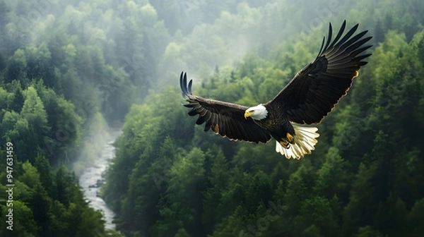Obraz 10. A majestic bald eagle soaring high above a dense forest with a river winding through the landscape below