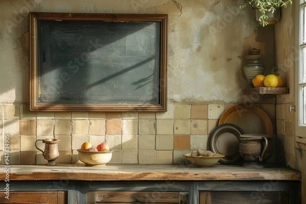 Fototapeta Rustic Kitchen Countertop with Vintage Decor and Fruit Bowl