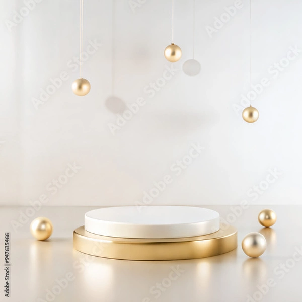 Obraz Minimalist gold and white round podium with hanging and scattered decorative spheres on light background