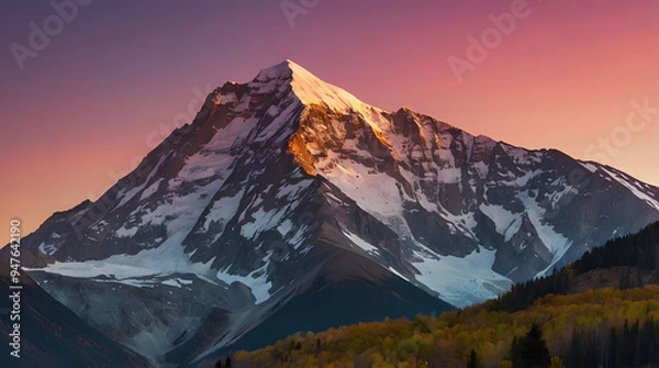 Fototapeta Majestic Mountain Peak at Sunset with Snow and Fall Foliage