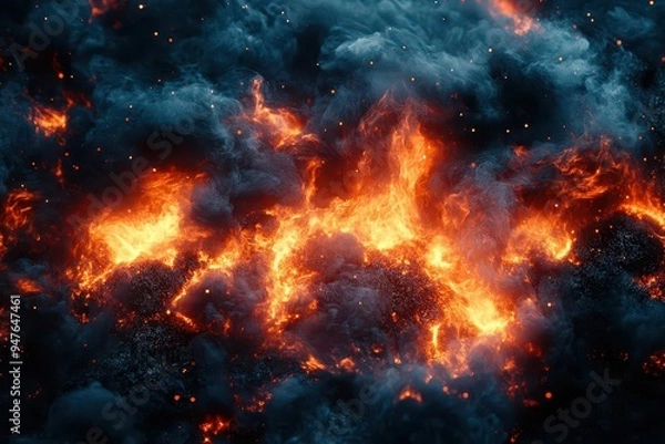 Fototapeta inferno of vibrant flames dancing against obsidian backdrop incandescent embers and smoke tendrils forming intricate patterns heat distortion effects