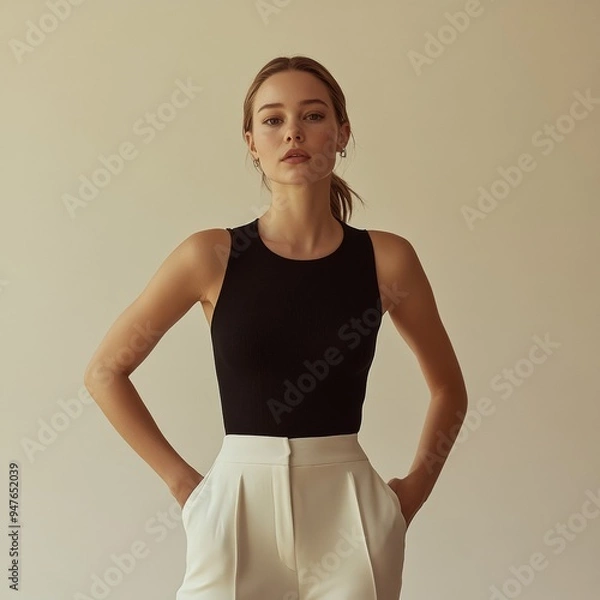 Fototapeta A woman showcases her poise and fashion sense dressed in a sleek black top and tailored white trousers Her serene expression and posture reflect sophistication in a simple elegant setting