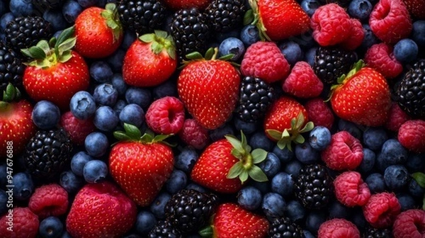 Obraz Colorful Background of Fresh Berries: Strawberries, Blueberries, Raspberries, and Blackberries