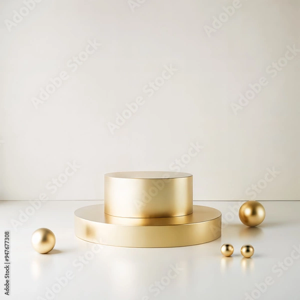 Obraz Gold cylindrical podium on round plarform with scattered decorative golden spheres on a light floor against plain wall