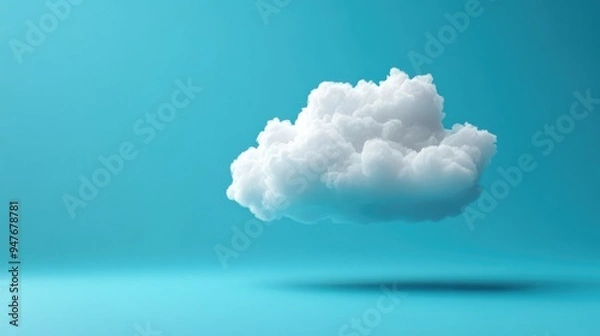 Fototapeta Detailed white cloud floating on a solid blue background, featuring a clipping path for easy incorporation into creative and marketing materials.