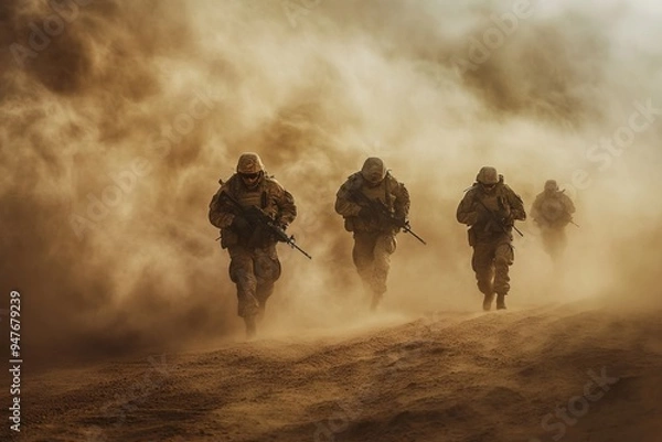 Fototapeta Military forces navigating through a fierce dust storm in a challenging desert landscape