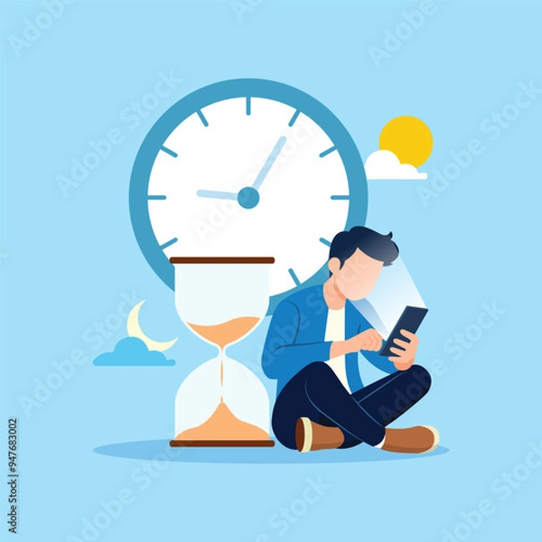 Fototapeta Smartphone addiction. Wasting time by scrolling smartphone, exhausted man sitting with clock and sandglass using smartphone concept vector illustration