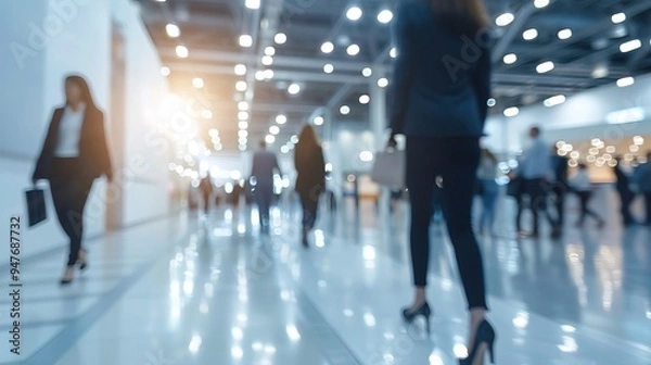 Fototapeta blurred business people walking at a trade fair, conference or walking in a modern hall 