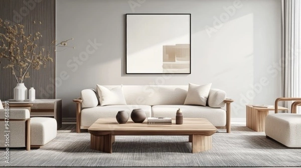 Fototapeta Minimalist living room, modern, space, gray and white tones, create, elegant atmosphere, warm, quiet sense, simple walls, minimalist, aesthetic, simple, comfortable, elegant, lifestyle, modern design,