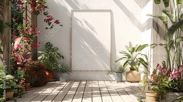 Fototapeta White Patio with Plants and Frame Mockup. A serene white patio with a wooden deck, potted plants, and a blank frame mockup on the wall