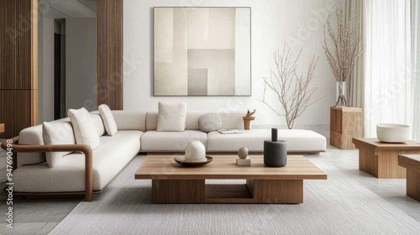 Fototapeta Minimalist living room, modern, space, gray and white tones, create, elegant atmosphere, warm, quiet sense, simple walls, minimalist, aesthetic, simple, comfortable, elegant, lifestyle, modern design,