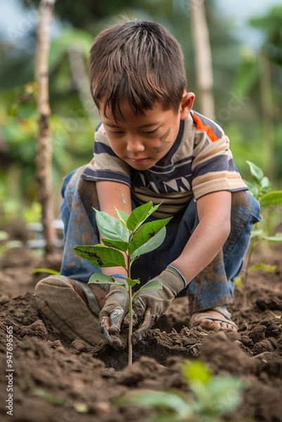 Fototapeta happy kids playing in the lawn, digging a hole, children happily playing outside in a garden. They are both smiling as they dig into the soil with small trowels.