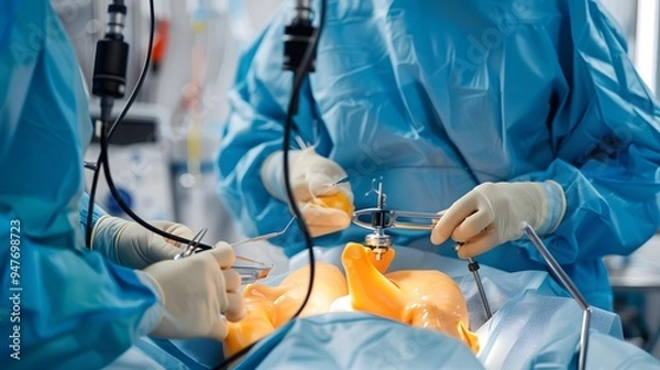 Fototapeta Surgeon using laparoscopic tools in minimally invasive surgery