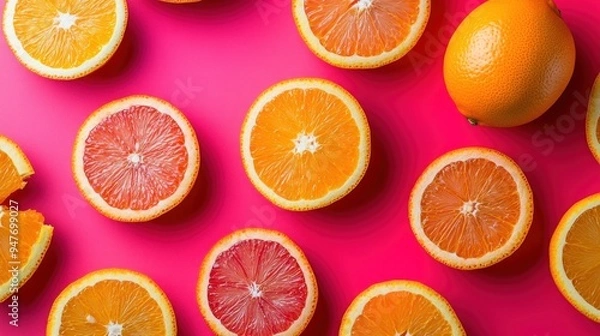 Fototapeta Citrus Fruit Pattern on Pink Background