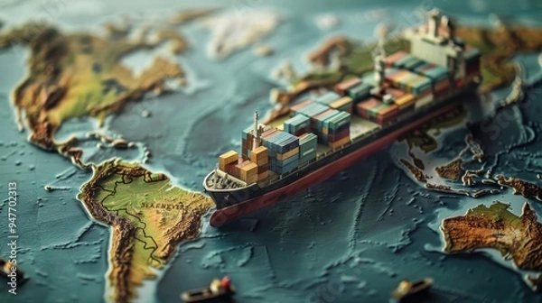 Obraz Toy Container Ship on a 3D World Map