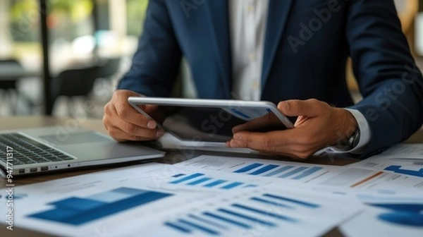 Obraz Focused businessman using a tablet to study sales trends, surrounded by documents and a laptop, symbolizing financial planning and business growth.