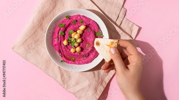 Fototapeta hand dipping pita bread in Beetroot hummus, top view