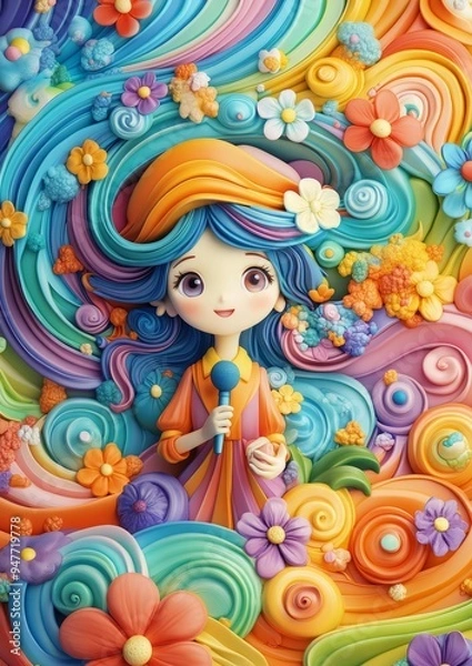 Fototapeta Whimsical 3D Claymation Cartoon of a Girl Reporter Interviewing Local Celebrity in Colorful Pastel Surroundings