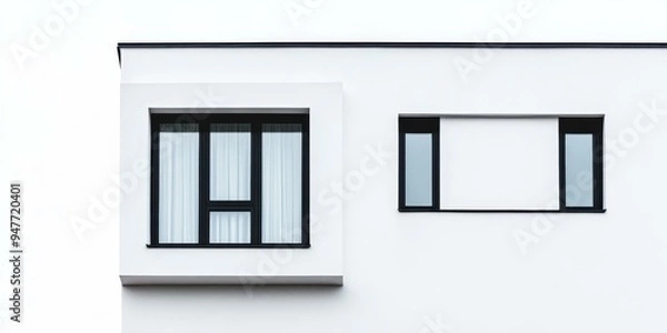 Fototapeta White wall with three black framed windows.