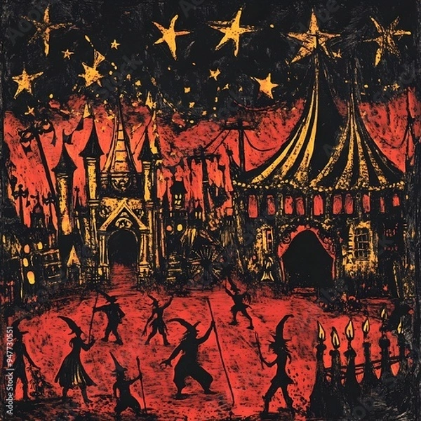 Fototapeta Creepy Abandoned Carnival Circus Under Starry Haunting Halloween Night with Eerie Aerialists and