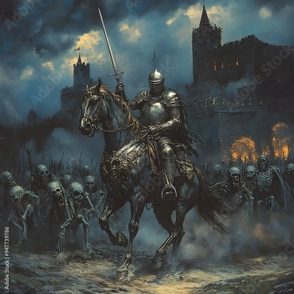 Fototapeta Valiant Knight on Horseback Defending Village from Ghostly Undead Invaders in Armored Steel with