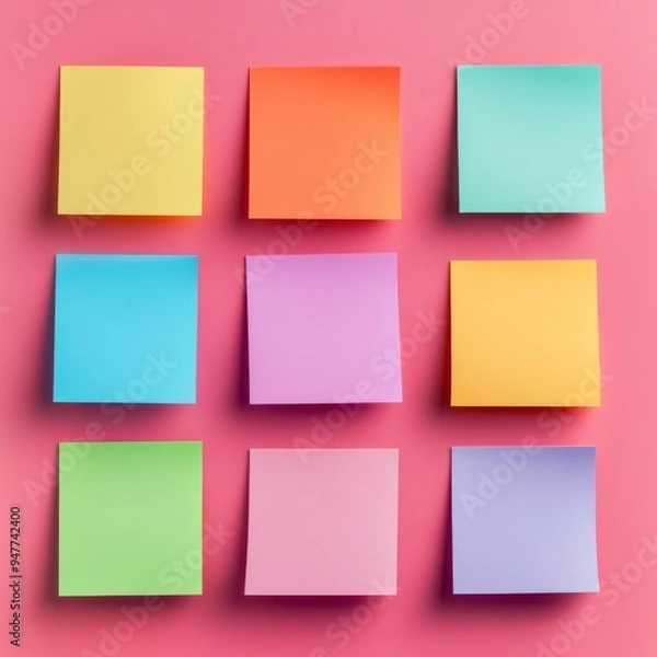 Fototapeta An artistic and colorful collection of sticky notes, arranged on a bright and vibrant background