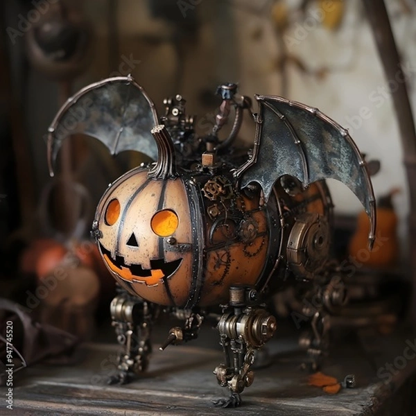 Fototapeta Enchanted Steampunk Halloween Bestiary  Imaginative Animal Automata with Pumpkin and Bat Motifs