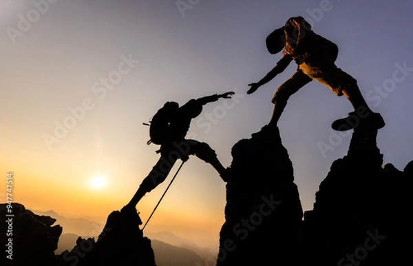Obraz Silhouette of hiker helping each other hike up a mountain at sunset. People helping and, team work concept.