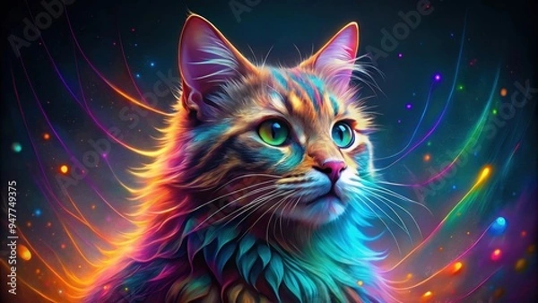 Fototapeta Fantasy cat with colorful fur and sparkling eyes, fantasy, cat, colorful, fur, sparkling, eyes, magical, mythical