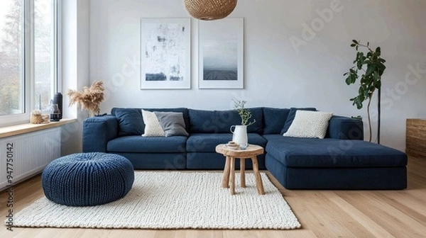 Fototapeta Scandinavian living room design, featuring two knitted poufs next to a dark blue corner sofa, with light wood floors and minimal decor.