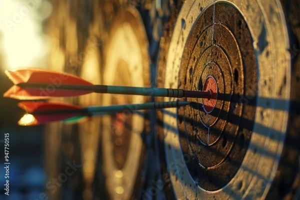 Fototapeta Arrows striking the target in the golden light of dusk. This image captures precision and focus in archery, showcasing the beauty of the sport. Generative AI