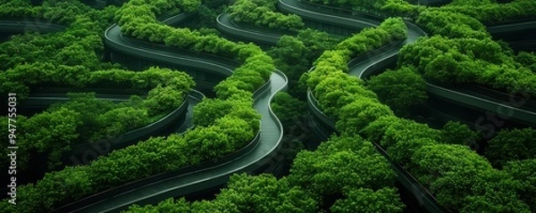 Obraz Winding green pathways integrated among lush trees, highlighting sustainable urban design and eco-friendly landscaping.