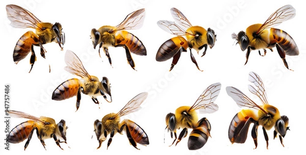 Fototapeta Collection of realistic bees in different flying positions isolated on transparent background