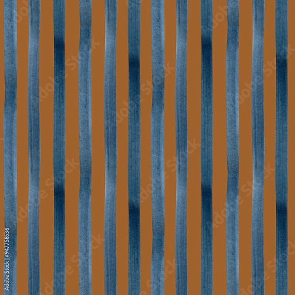 Fototapeta Hand painted watercolor blue indigo striped on brown background. Stripe seamless pattern. For fabric, sketchbook, wallpaper, wrapping paper. bags, cards, banner. Stripes vertical illustration. 