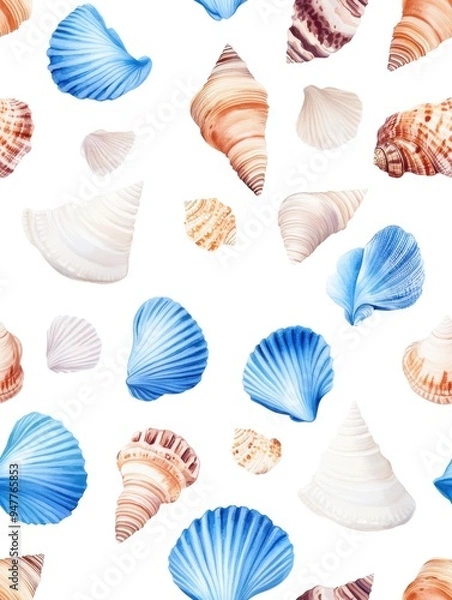 Fototapeta Boho blue shells featuring a beach-inspired pattern. The seamless pattern showcases intricate and artistic blue shells set against a clean white background