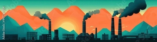 Fototapeta Steampunk city pixel art flat design, front view, industrial theme, cartoon drawing, Complementary Color Scheme