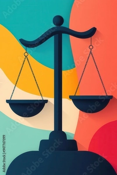 Fototapeta Scales of justice balanced with equality symbols, flat design illustration
