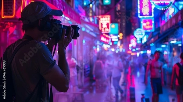 Fototapeta Photographer Capturing the Vibrant Neon Lights of a Busy Night Market