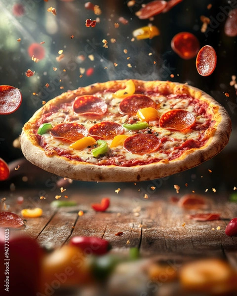 Fototapeta Abstract Colorful Space with Floating Pepperoni Pizza