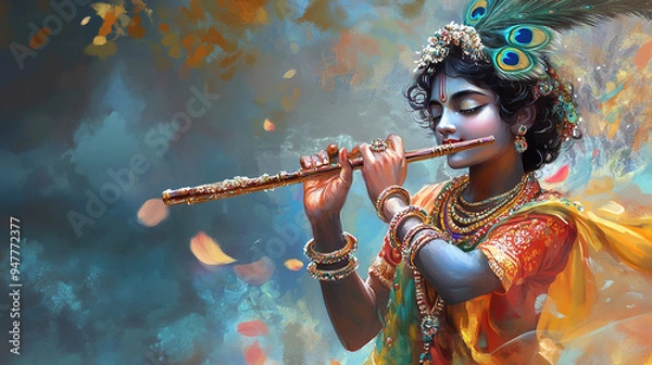Fototapeta Illustration of Krishna playing the flute