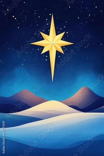 Fototapeta A bright star shines over a landscape of hills and desert under a starry sky.