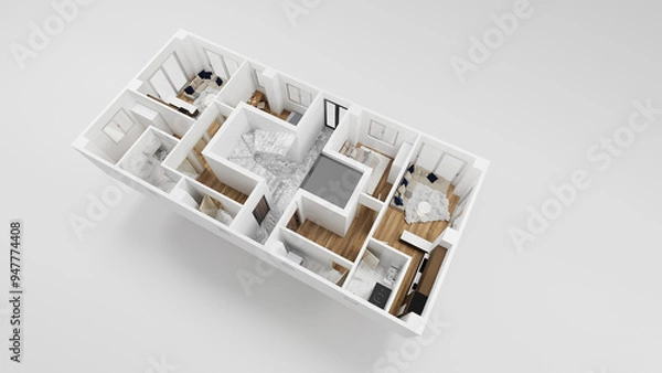 Obraz 3D plan of apartment building floor with furniture and white walls, 3D render, illustration. Top view