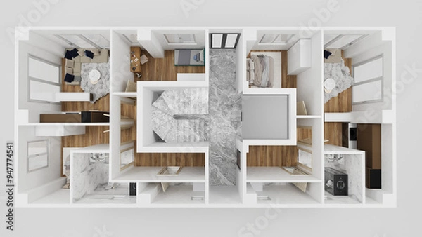 Obraz 3D plan of apartment building floor with furniture and white walls, 3D render, illustration. Top view